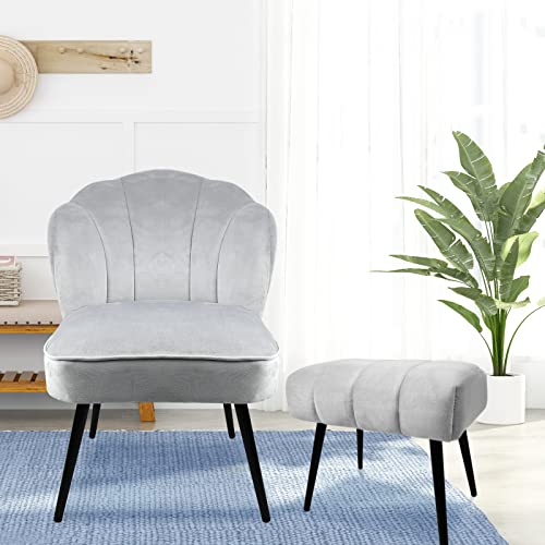 Ecomex Accent Chair With Ottoman, Velvet Accent Chair Armless Living Room Chair, Modern Makeup Chair With Metal Legs, Single Sofa Chair For Bedroom Makeup Room Dining Room (Grey) #TOP6