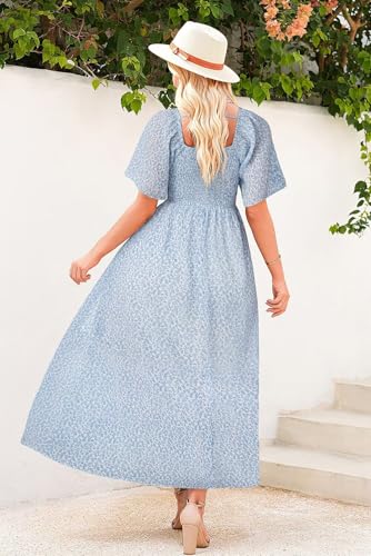 Image of Dokotoo Womens Dresses 2025 Square Neck Tie Backless Summer Dresses Cap Sleeve Floral Buttoned Empire Waist Maxi Dress