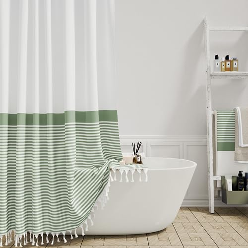 Dynamene Extra Long Shower Curtains, 84 Inch Long Farmhouse Boho Striped Fabric Tassel Shower Curtain for Bathroom, Tall Bohemian Textured Cloth Shower Curtain Set with Hook, Sage Green, 72x84 by Dynamene - Used condition - US$22.39