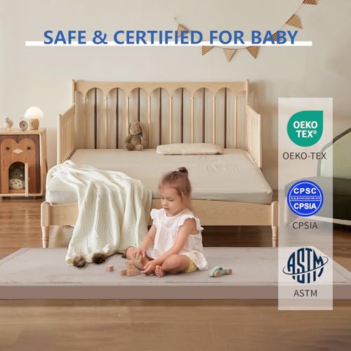 Image of 2 inch Thick Play Mat for Babies Toddlers,Extra Safety Anti-Fall Cushion Mat, Non-Slip Water-Repellent Coral Velvet,28 inchx72 inch Bedside Rug for Kids Room (Beige)