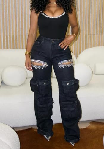 Women Y2k Trendy Cargo Jeans Rhinestone Cutout High Waisted Straight Leg Street Denim Pants3