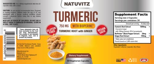Natuvitz Turmeric Curcumin With Ginger Root And Bioperine 1500Mg, 95% Standardized Curcuminoids, Nongmo, Gluten Free (60 Count) #TOP1