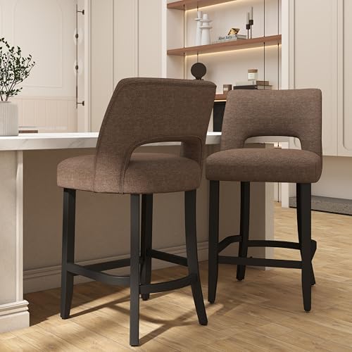 Image of VKNOW Bar Stools Set of 2, 26 inch Upholstered Counter Height Bar Stools, Modern Counter Stools with Black Legs for Kitchen Island Dining Room Bar, Brown-Black Legs