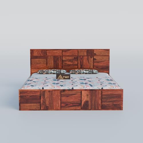 Image of Solid Sheesham Wood King Size Bed with Storage Box | Double Bed for Bedroom | Plan Panel Design Wooden Double Bed Cot for Home & Hotels | Rosewood, Honey Finish