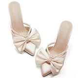 Coutgo Womens Bow Heels Mules Pointed Closed Toe Sandals Rhinestone Satin Backless Wedding Shoes, Light Khaki, Size 8