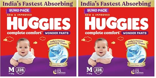 Image of Huggies Complete Comfort Wonder Pants | Pant Style Baby Diapers Medium Size (M), 228 Count | India's Fastest Absorbing Diaper, Prevents Diaper Rash, Ideal for 7 to 12 Kgs (76 Count, Pack of 6)