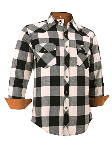 COEVALS CLUB Mens Western Flannel Pearl Snap Button Cotton Regular Fit Long Sleeve Plaid Shirts (XXL, 2# White, Black)