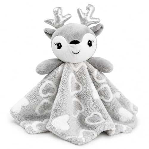 Image of June Garden Cozy Dream Fleece Baby Security Blanket - Infants Nursery Bed Blankets - 15 x 15 inches Lovey - Stuffed Deer Animal Plush - Grey