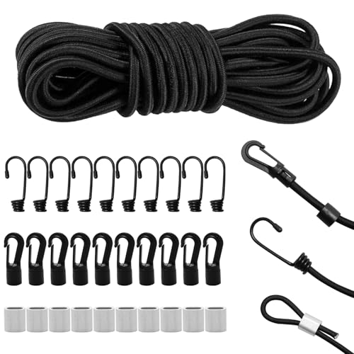 Elastische Gummischnur mit Haken Gummiseil 6mm 15 m Gummikordel Schwarz, Gummiband Expanderseil Planenseil für Anhängerplane Camping 10 Spiralhaken 10 Kunststoffhaken 10 Würgeklemmen