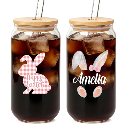 Vaso de vidrio personalizado con diseño de conejo de Pascua, vaso con forma de lata con nombre personalizado de 18 onzas con tapa de bambú y pajita