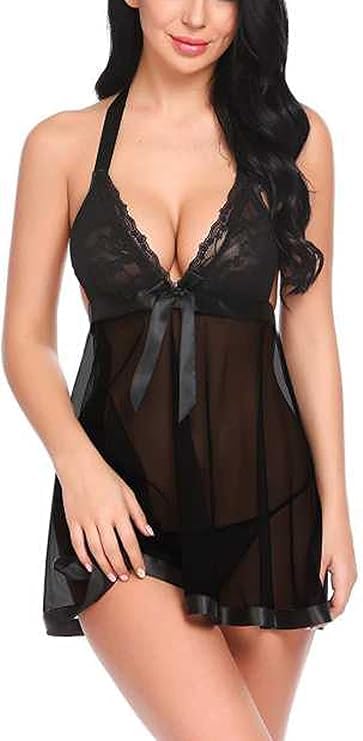 Women Lace Babydoll Nightwear Dress with Panty | Soft Net Mesh Lingerie Sleepwear | Halter Neck Short Night Dress | Romantic Nightwear for Women (Free Size)-image-48