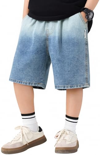 SEAUR Teenage Boys Oversize Shorts Wide Leg Denim Shorts with Pockets Y2k Jorts Streetwear Elastic Half Pants 13-14 Years Blue Gradient