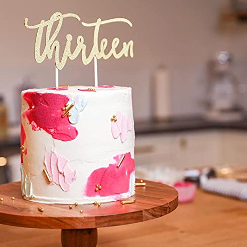 Image of Festiko13th Birthday Cake Topper Decoration - THIRTEEN - 7 inch x 3.5 inch Thirteenth Bday Topper w /Premium Double Sided Gold Glitter Card stock Paper - Happy Birthday Accessory For Men & Women