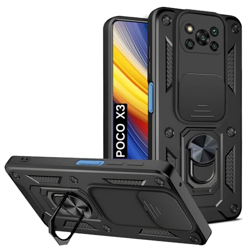 Image of AESTMO Tough Armor Case for Poco X3 / X3 Pro / X3 NFC | Black, Polycarbonate, Rugged /Tough, Ring Holder, Sliding Camera Shield, in-Built Stand, Magnetic Car Holder Compatibility