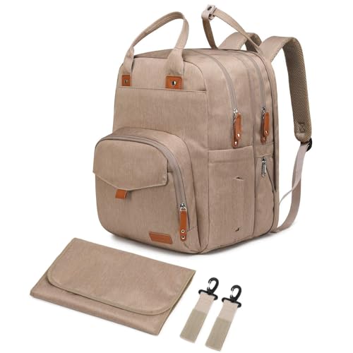 Image of Qualyphant Large Diaper Bag Backpack for Two Kids Twins - Expandable Baby Bag (26-36L), Dual Big Compartments - Includes Changing Pad & Stroller Straps, Unisex Premium Khaki