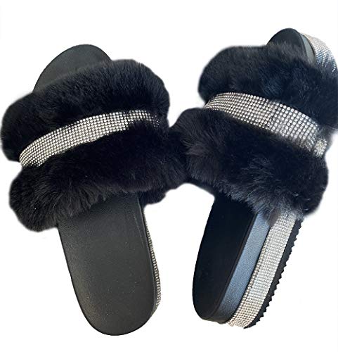JITUUE light Slide Slippers for women Slip On heel Flats Platform with Faux Fur Rhinestone Outdoor Indoor Open Toe Sandals