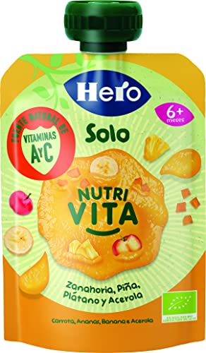 Hero Solo Bolsitas de Zanahoria, Plátano, Piña y Acerola Ecológica, Fuente natural de Vitaminas A y C, 100 g