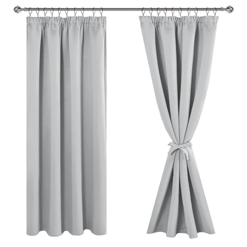 JIUZHEN Opaque Curtains with Ruffle Tape, Blackout Curtains, Living Room Curtains, Bedroom, Thermal Curtain, Silver Grey
