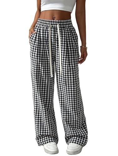 Women's Gingham Plaid Pants Summer Beach High Elastic Waist Wide Leg Palazzo Pants