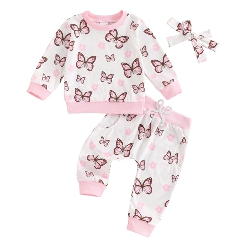 Bonangber Toddler Girl Fall Clothes Butterfly Print Long Sleeve Sweatshirt Pullover Top Casual Pants Cute Baby Girl Clothes(B-Pink,2-3T)