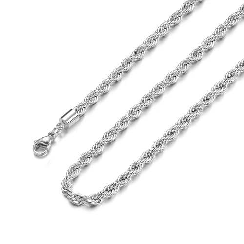 Giftall Men's Stainless Steel Twist Rope Chain Necklace, 2mm 22 Inches Stainless Steel Rope Chain Necklace for Men Women