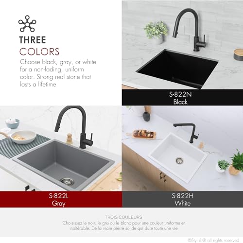Image of Stylish Pietra 22 Inch Composite Granite Kitchen Sink, Single Bowl Dual Mount Drop-In or Undermount, Quartz Composite (80% Quartz), 8-1 /4 inch Deep, Rear Center Drain, Strainer included, Black, S-822N