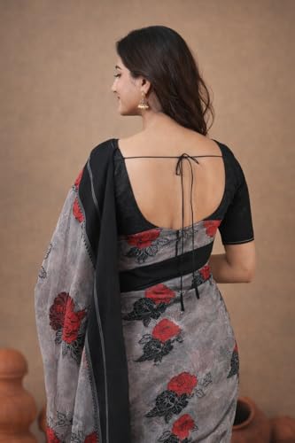 Image of Jack & Jini Women's Floral Print Pure Georgette Saree with Blouse Piece | Soft Casual & Festive Drape | Gift for Mother, Wife.