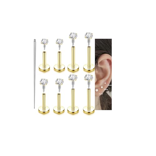 Incaton 18G Hypoallergenic Flat Back Stud Earrings, 316L Surgical Steel Internal Thread CZ Stud for Helix Tragus Cartilage Conch Nose Lip Rings Labret Piercing Jewelry For Women Gold