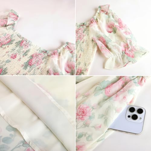 Image of Scarlet Darkness Floral Dress for Women Summer Puff Sleeve Square Neck A Line Flowy Wedding Guest Tea Party Dresses