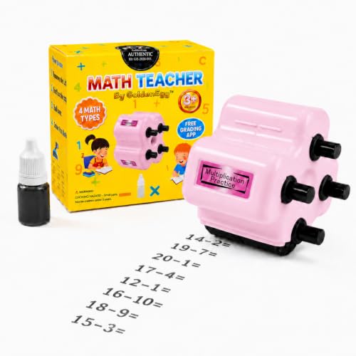 GoldenEgg Math Teacher 4-in-1 Math Roller Stamp Addition Subtraction Multiplication & Fill-in-the-Blank Practice Tool for Kids Classroom & Home Use (Pink)