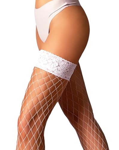 Image of Mila Marutti White Fishnet Thigh High Stockings for Women with Lace Top | Bridal Large Fish Net Lingerie Tights - White, S