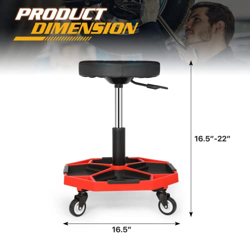Magshion Garage Rolling Stool With 4 Caster Wheels 300 Lbs Capacity Pneumatic Rolling Stools For Workshop, Adjustable-Height Creeper Seat With Tool Trays (Red) #TOP2
