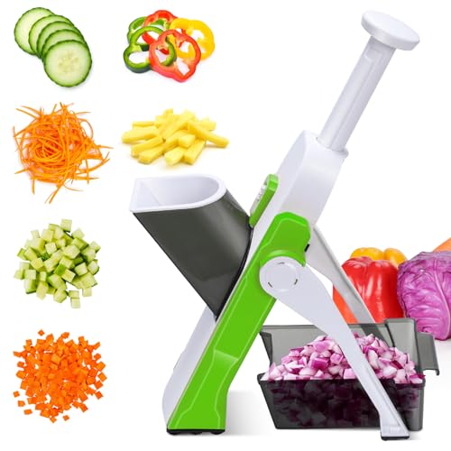 Mandoline Vegetable Slicer, MASTERTOP Safe Vegetable Chopper with 4 Cutter Modes, Adjustable Potato Slicer to Dice, Chop, Julienne, Mandolin Slicer for Cucumber Potato Carrot Cheese - Green & White