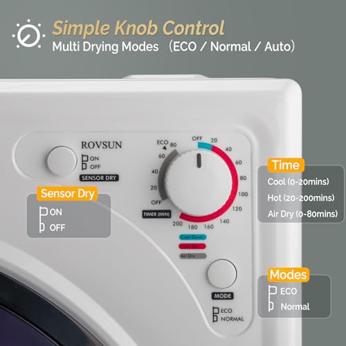 Image of ROVSUN 2.6 Cu.Ft. Portable Dryers for Laundry, Compact Portable Clothes Dryer with Stainless Steel Tub, Dryer Machine, 110V Electric Dryer with Control Knob for Apartment, Dorm, RV, White, 1400W