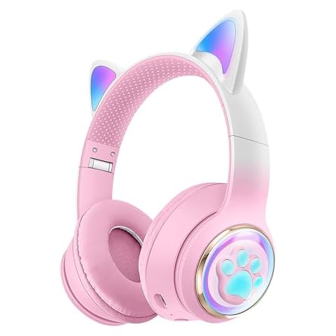 QearFun Cat Headphones for Girls Kids for School, Kids Bluetooth Headphones with Microphone & 3.5mm Jack, Teens Toddlers Wireless Headphones with Adjustable Headband for ipad/Tablet/PC-Pink Cover