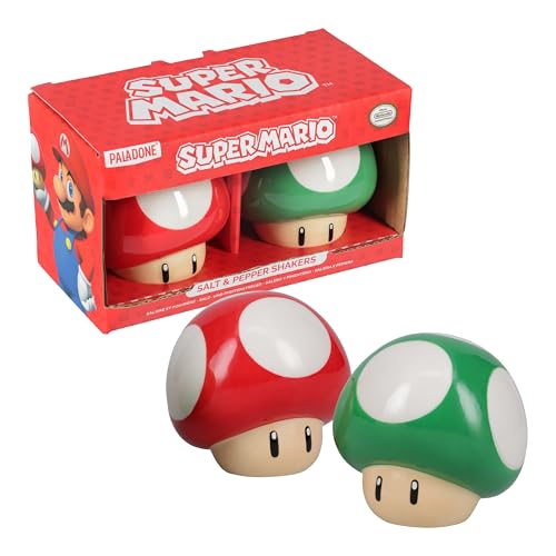 Super Mario Brothers Mushroom Salt and Pepper Shakers Officially Licensed Nintendo Red & Green 1-Up Ceramic Set for Kitchen & Home Decor, Housewarming Gift for Movie and Gaming Fans | Paladone