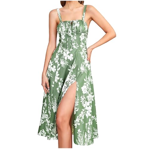 Sinzelimin Dresses for Women Sexy Sleeveless Lace up Corset Sling Midi Dress Summer Fashion Solid Color Beach Casual Sundress Boho Floral Green XX-Large
