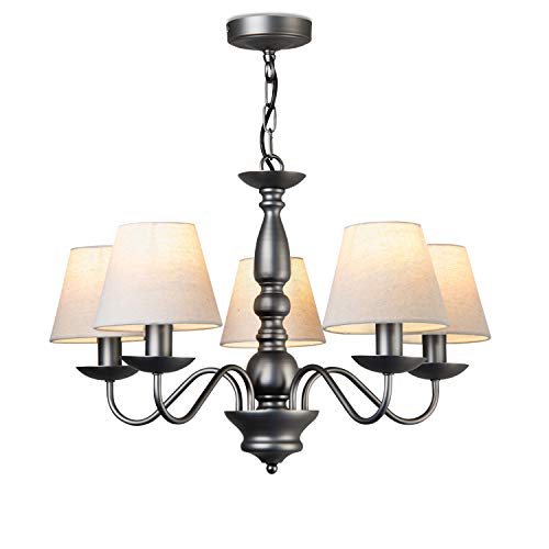 Image of Lighting Supermarket Craven Ceiling 5 Light Chandelier Pendant - Pewter Painted Finish - Linen Shades