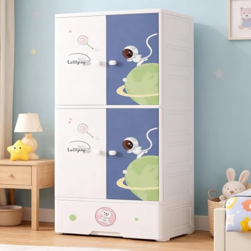 Image of Kids Plastic Wardrobe for Clothes Storage | Baby Cupboard & Almirah with Hanging Rod & Shelves | Portable Collapsible Storage Cabinet for Bedroom | Cartoon Kids Wardrobe