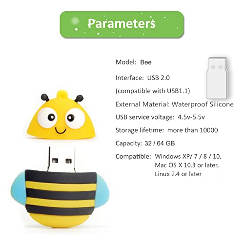 32GB USB Flash Drive Bee-Shaped, BorlterClamp Cute Memory Stick USB Drive Thumb Drive for External Data Storage