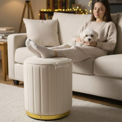 Image of Upholstered Round Linen Strip Stool Living Room Foot Rest Office Stool Pouf Ottoman Padded Seat - Cream