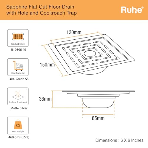 Image of Ruhe Sapphire Exclusive Square Flat Cut Floor Drain /Jali with Cockroach Trap & Hole | 304 Stainless Steel Floor Drain | 6 x 6 inches