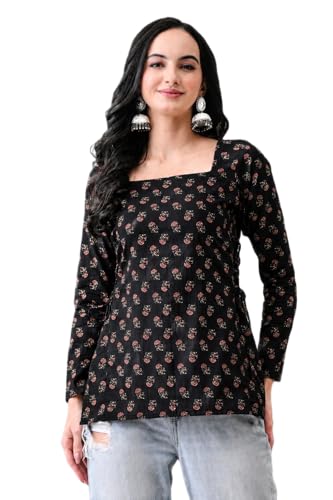 Image of MEERA FAB Women's Floral Printed Cotton Short Kurta Square Neck | Floral Printed Kurta with Full Sleeves | Short Kurti for Women