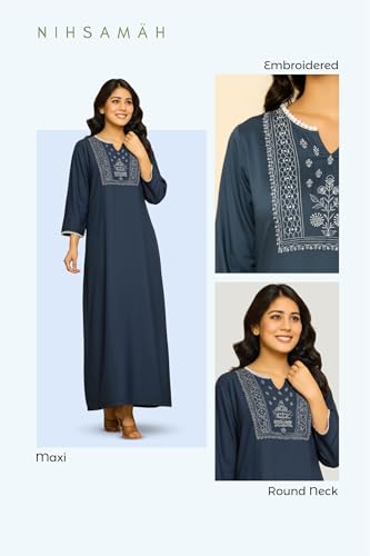 Image of NIHSAMAH Viscose Nighty for Women, Embroidered & Printed Stylish Night Gown, Long Sleeve Comfortable Sleepwear Long Nightwear, Maxi