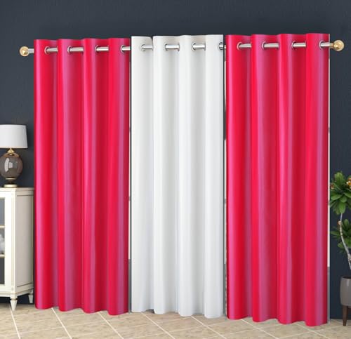 Image of Eyelet Polyester Modern Solid Crush Set of 3 Pcs. Long Door Curtains (8 Feet, 2 Rani Pink + 1 White)