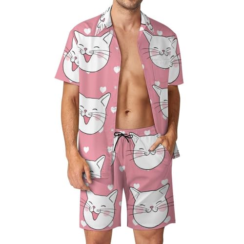 Chat rose mignon chemise hawaïenne hommes avec short et pantalon de plage ensemble été 2 pièces S