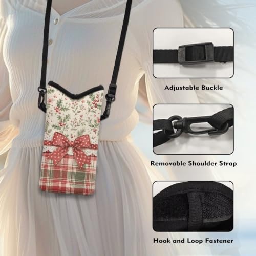 Image of Christmas Crossbody Cell Phone Purse Winter Holiday Small Satchel Pouch for Women Men, for Cellphone, Keys, Lipstick, Cashes, Passport, Bow Christmas Plaid Holly