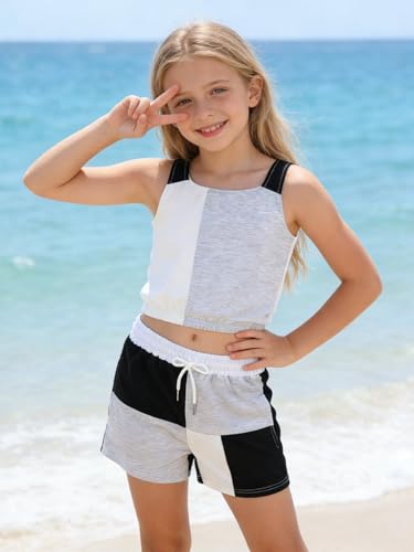 Image of Size 7-14Y Girls Clothes 2 Piece Outfits Striped Tank Top Drawstring Shorts Teen Girls Summer Clothing Sets