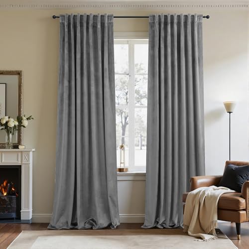 Image of Grey Velvet Curtains 108 Inches Long 2 Panels Luxury Crush Velvet Blackout Drape Gray Back Tab Design Thermal Insulated Soundproof Noise Reducing Window Covering for Living Room French Door W52 x L108
