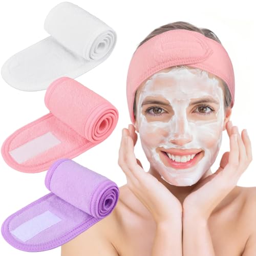 Image of Whaline 3Pcs Spa Facial Headbands Make Up Wrap Head Terry Cloth Headband Soft Adjustable Towel Band for Face Washing Shower Facial Cover Yoga (White, Light Pink, Light Purple)
